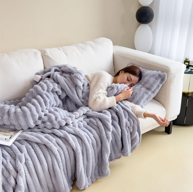 Double-sided faux rabbit fur blanket with soft bubble texture