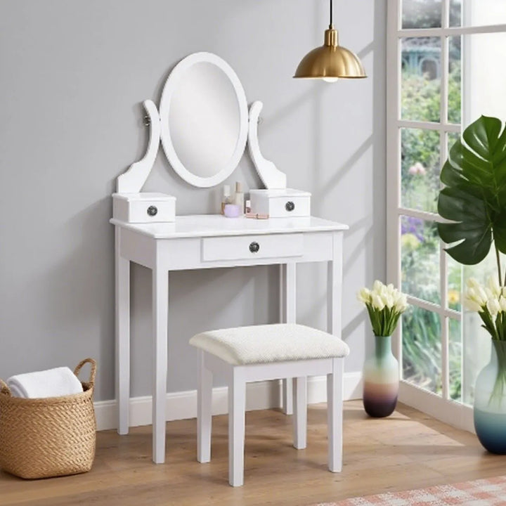 Makeup Vanity with Mirror and Upholstered Stool