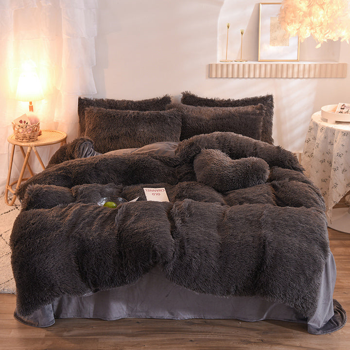 Fluffy plush bedding set on a double bed