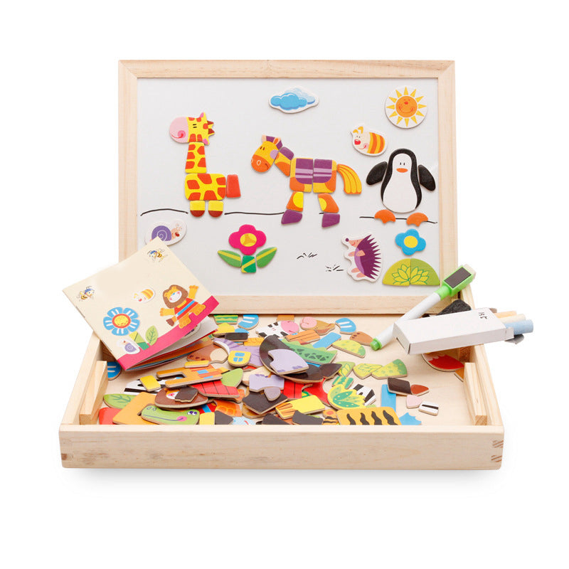 Wooden magnetic animal puzzle box open