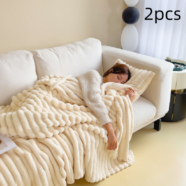 Double-sided faux rabbit fur blanket with soft bubble texture