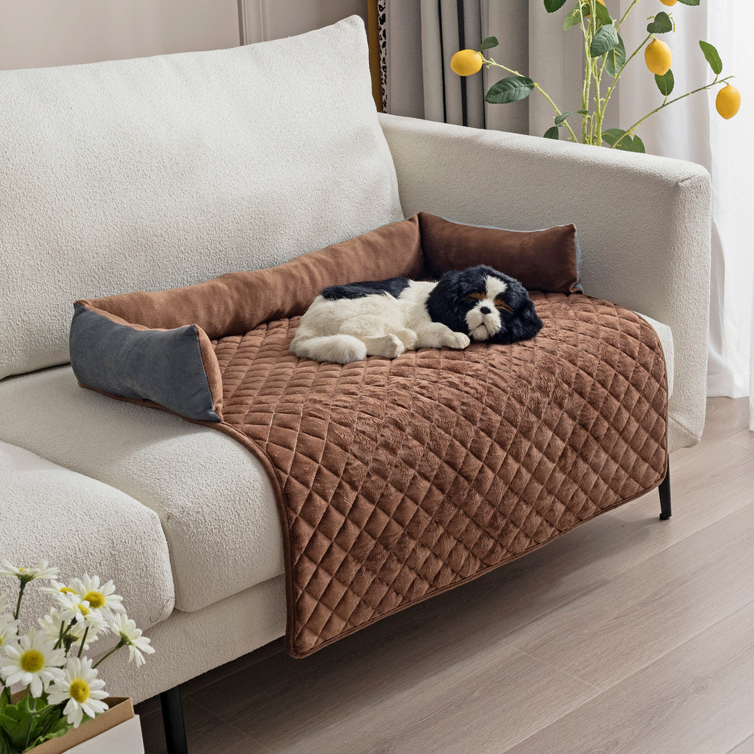 Plush dog sofa bed and furniture protector with curved sides
