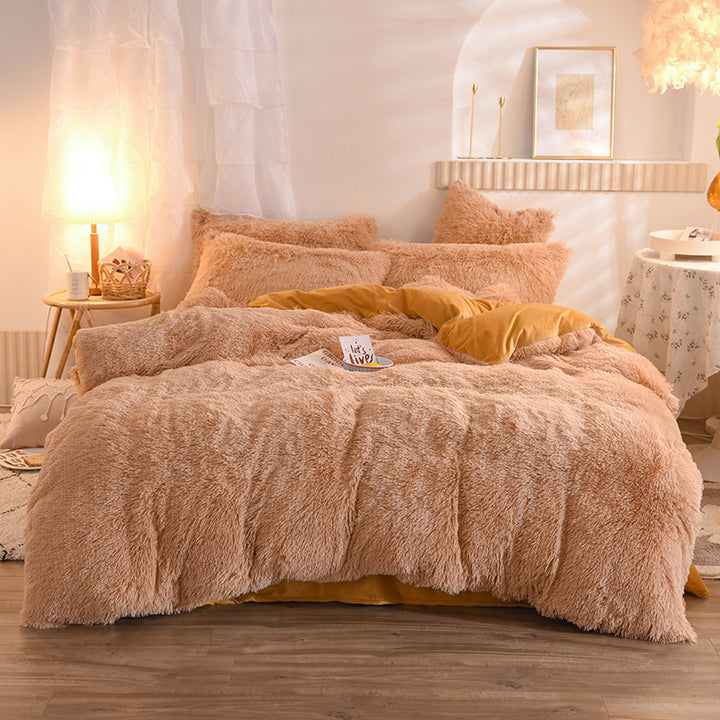 Fluffy plush bedding set on a double bed