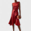 Asymmetric Midi Dress with Draped Hem and Sleeveless Cut, Lightweight Knit
