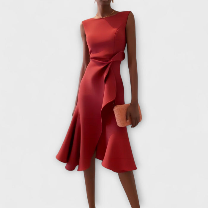 Asymmetric Midi Dress with Draped Hem and Sleeveless Cut, Lightweight Knit