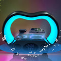 Lamp with speaker charging phone at bedside