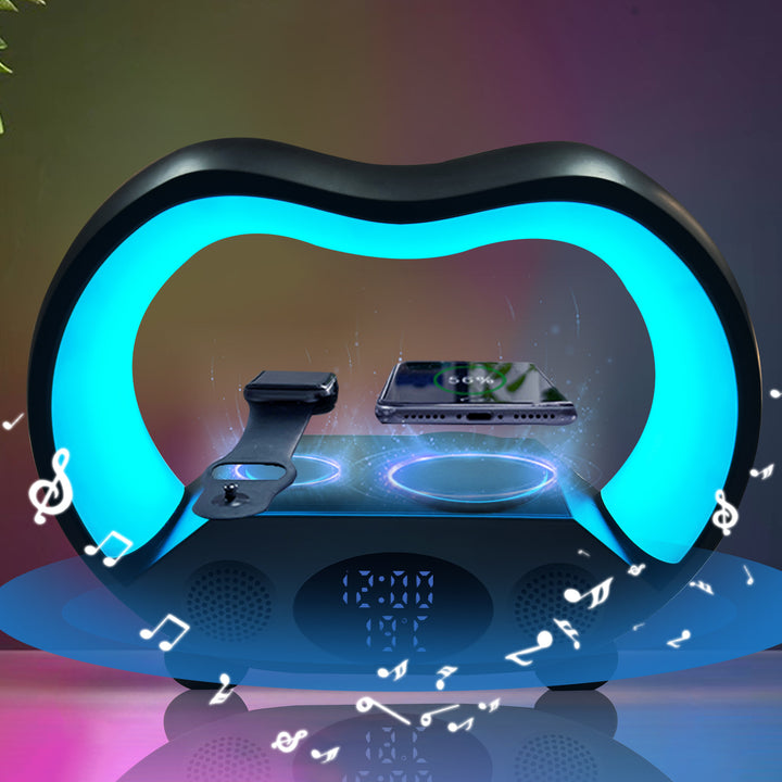Lamp with speaker charging phone at bedside