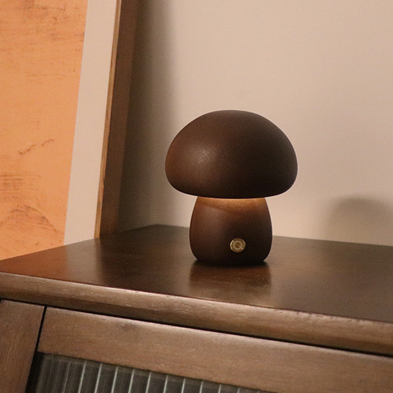 Wooden mushroom night light glowing
