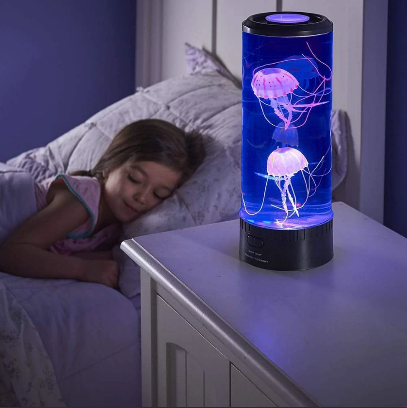 Glowing jellyfish lamp on bedside table