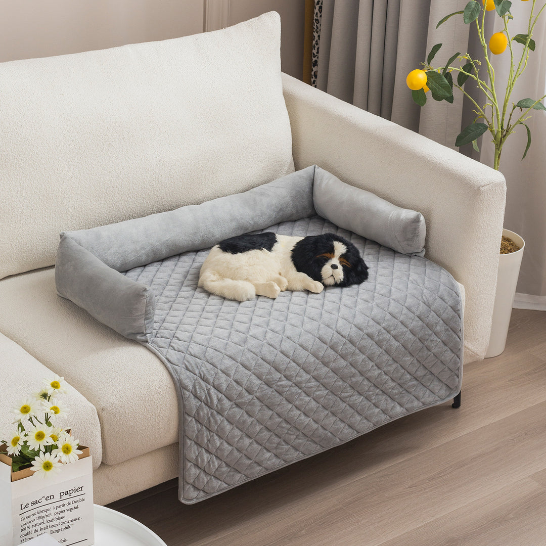 Plush dog sofa bed and furniture protector with curved sides