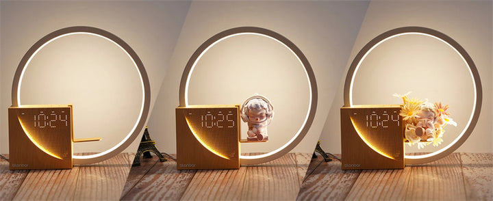 Ring lamp alarm clock glowing on bedside