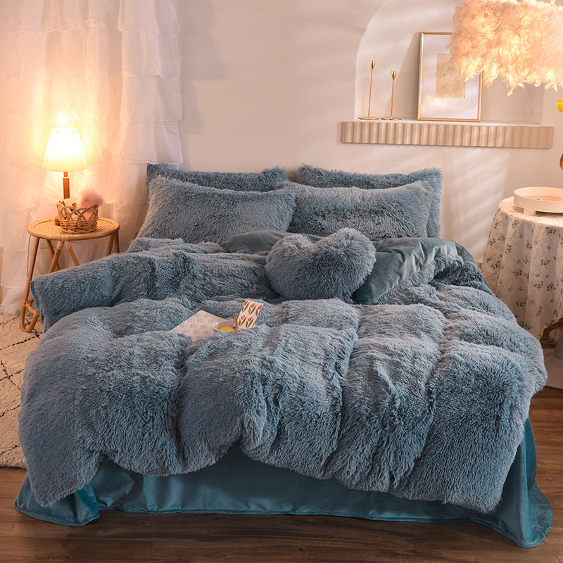 Fluffy plush bedding set on a double bed
