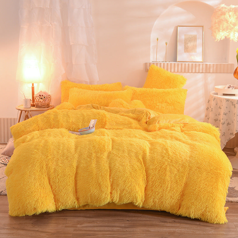 Fluffy plush bedding set on a double bed