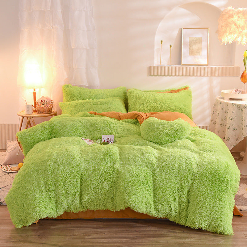 Fluffy plush bedding set on a double bed