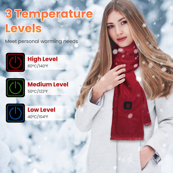 USB heated scarf with three heat settings, soft and washable