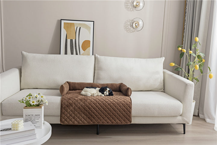 Plush dog sofa bed and furniture protector with curved sides