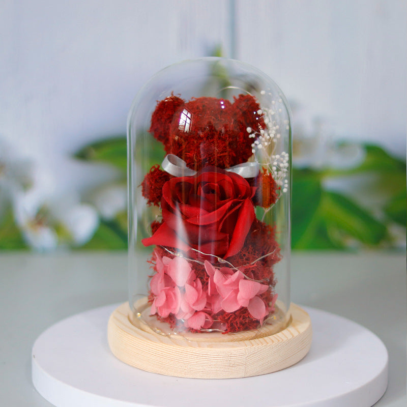 Eternal Preserved Rose Lamp With Teddy Bear And LED Lights