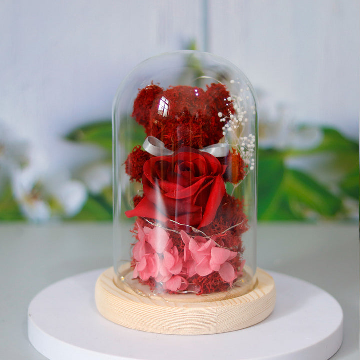 Eternal Preserved Rose Lamp With Teddy Bear And LED Lights