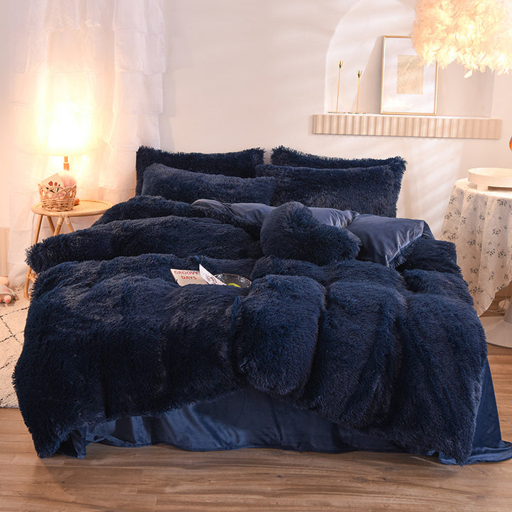 Fluffy plush bedding set on a double bed