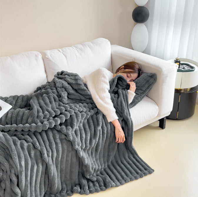 Double-sided faux rabbit fur blanket with soft bubble texture