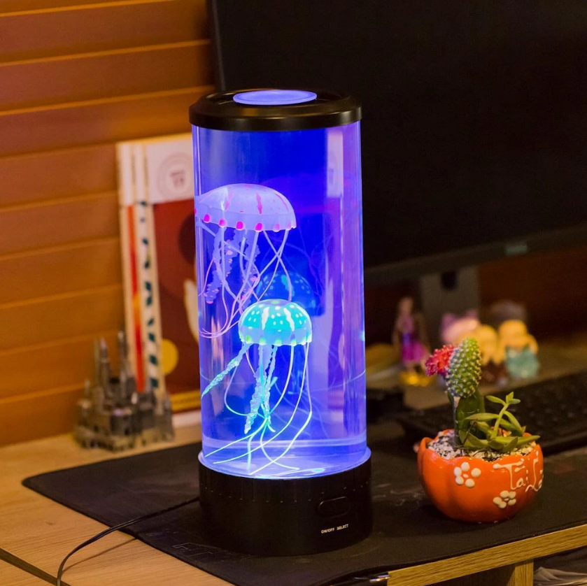 Glowing jellyfish lamp on bedside table