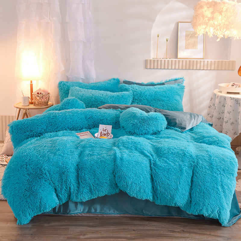 Fluffy plush bedding set on a double bed