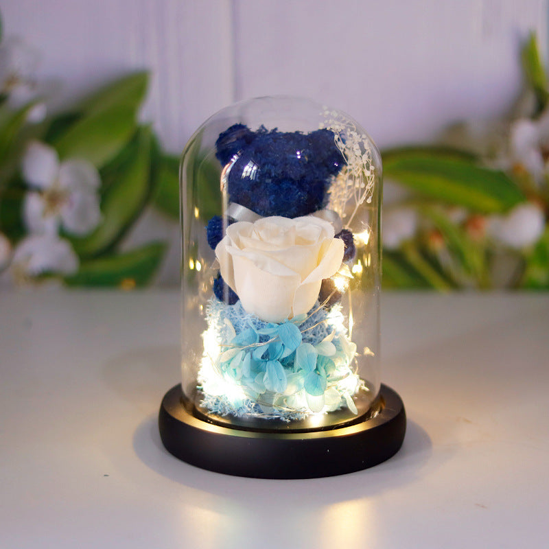 Eternal Preserved Rose Lamp With Teddy Bear And LED Lights