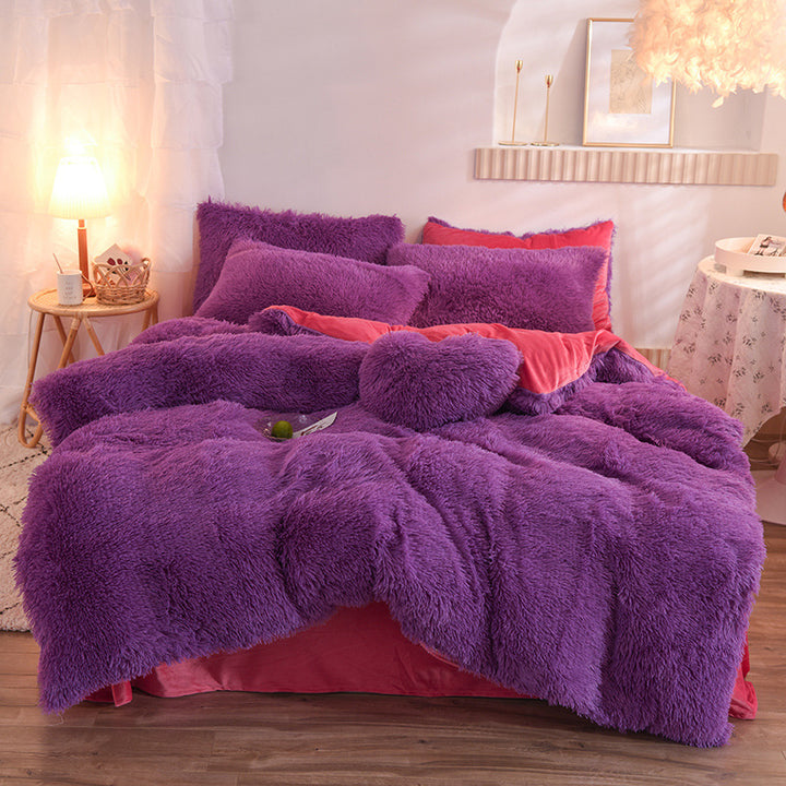 Fluffy plush bedding set on a double bed