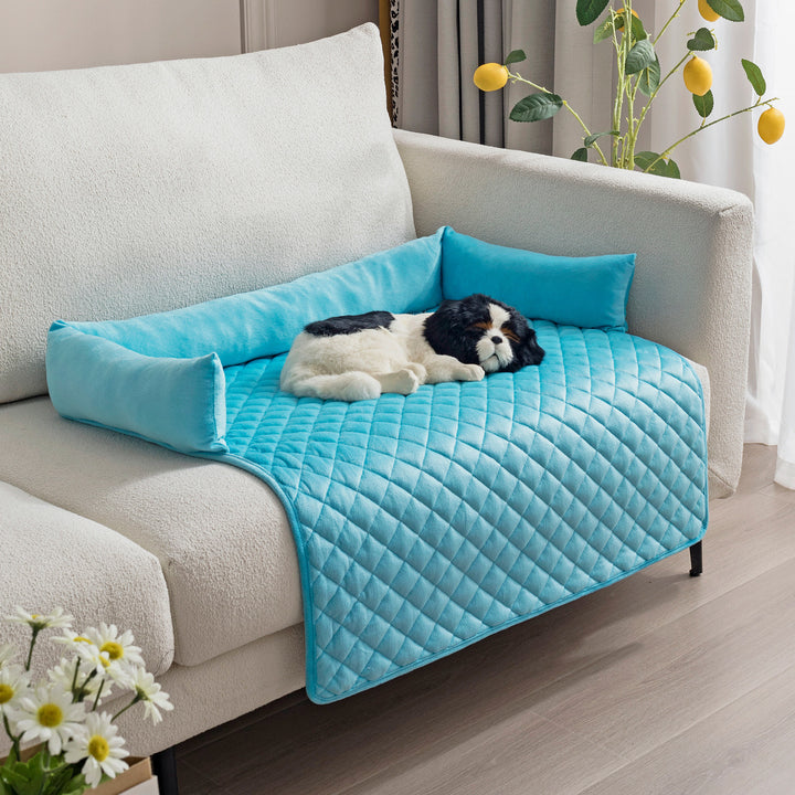 Plush dog sofa bed and furniture protector with curved sides