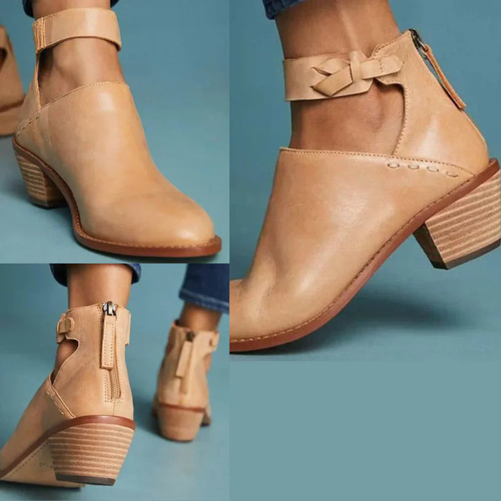 Havenholt Block Heel Ankle Boots with Side Zip and Braided Strap