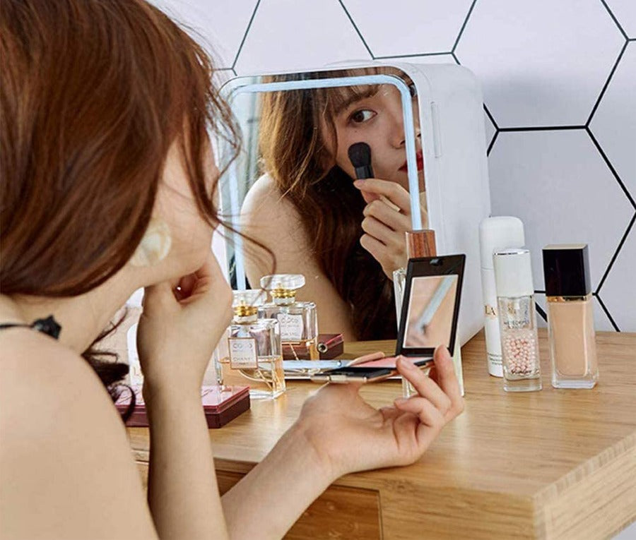 White mini skincare fridge with mirror