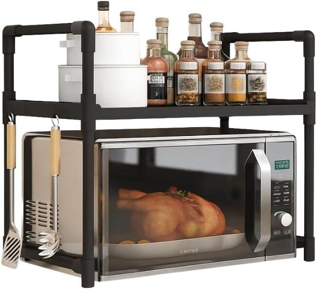 Expandable 3 Tier Microwave Stand for Countertop with 6 Utensil Hooks