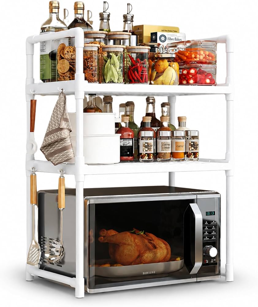 Expandable 3 Tier Microwave Stand for Countertop with 6 Utensil Hooks