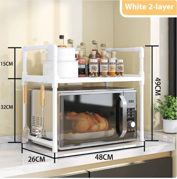 Expandable 3 Tier Microwave Stand for Countertop with 6 Utensil Hooks