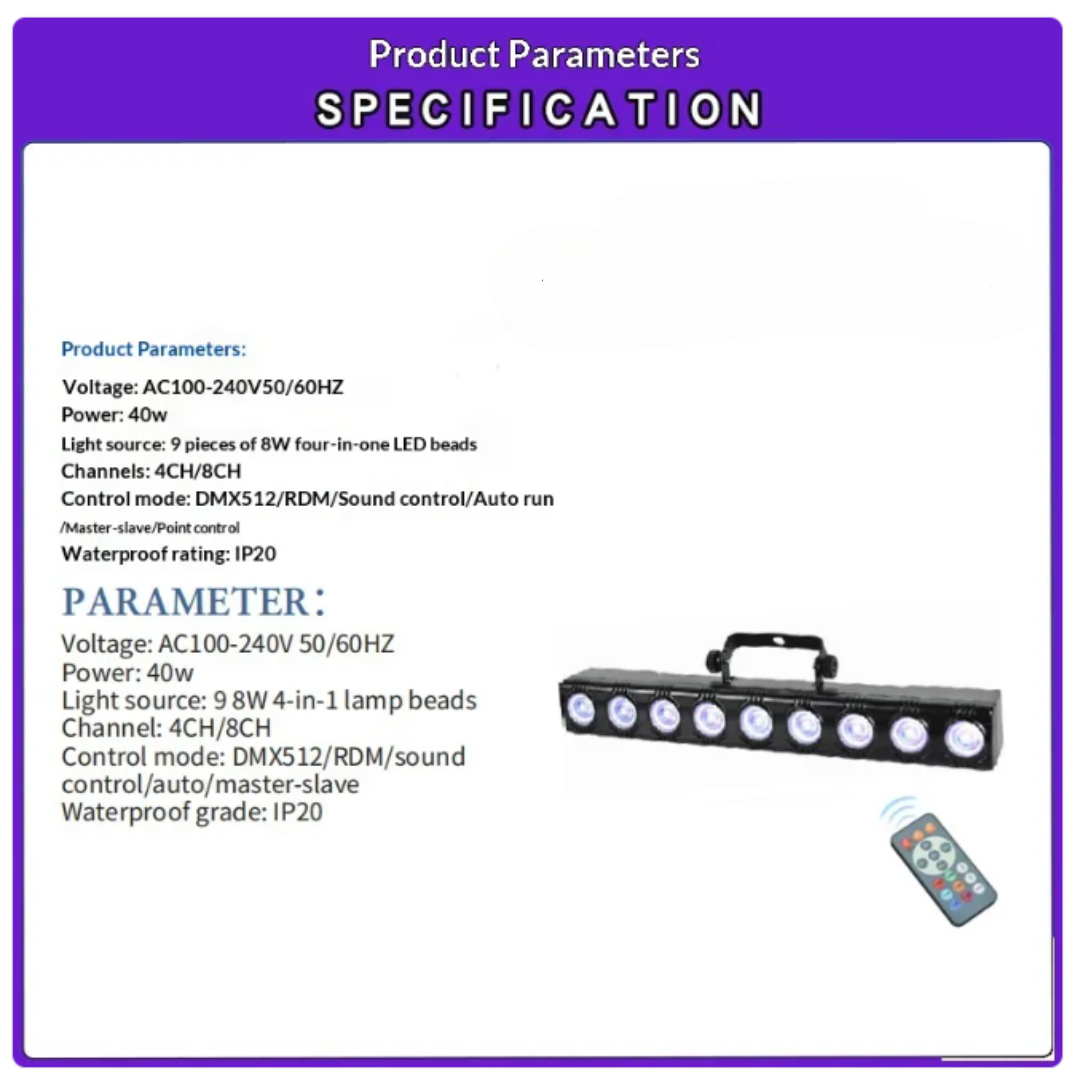 LED Wash Light Bar 36W RGBW Stage DJ Party Light DMX Wall Washer Uplighting