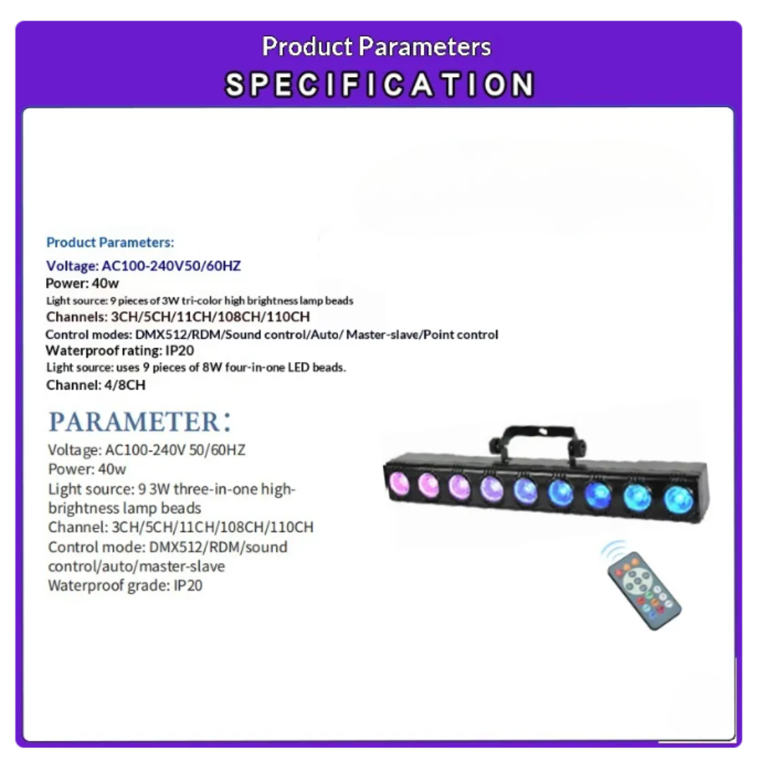 LED Wash Light Bar 36W RGBW Stage DJ Party Light DMX Wall Washer Uplighting