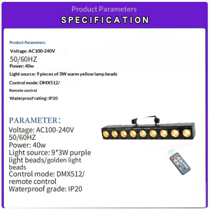 LED Wash Light Bar 36W RGBW Stage DJ Party Light DMX Wall Washer Uplighting