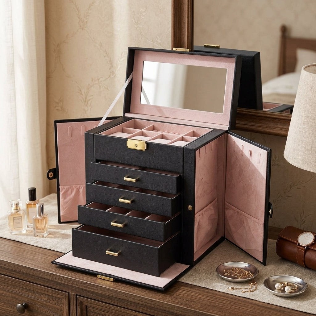 Multi-Level jewellery Organizer with Mirror and Locking Mechanism