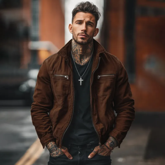 Nostalgic Collar Zip-Up Outerwear and Mens Retro Lapel Zipper Breast Pocket Suede Jacket
