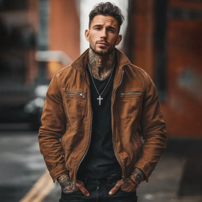 Nostalgic Collar Zip-Up Outerwear and Mens Retro Lapel Zipper Breast Pocket Suede Jacket