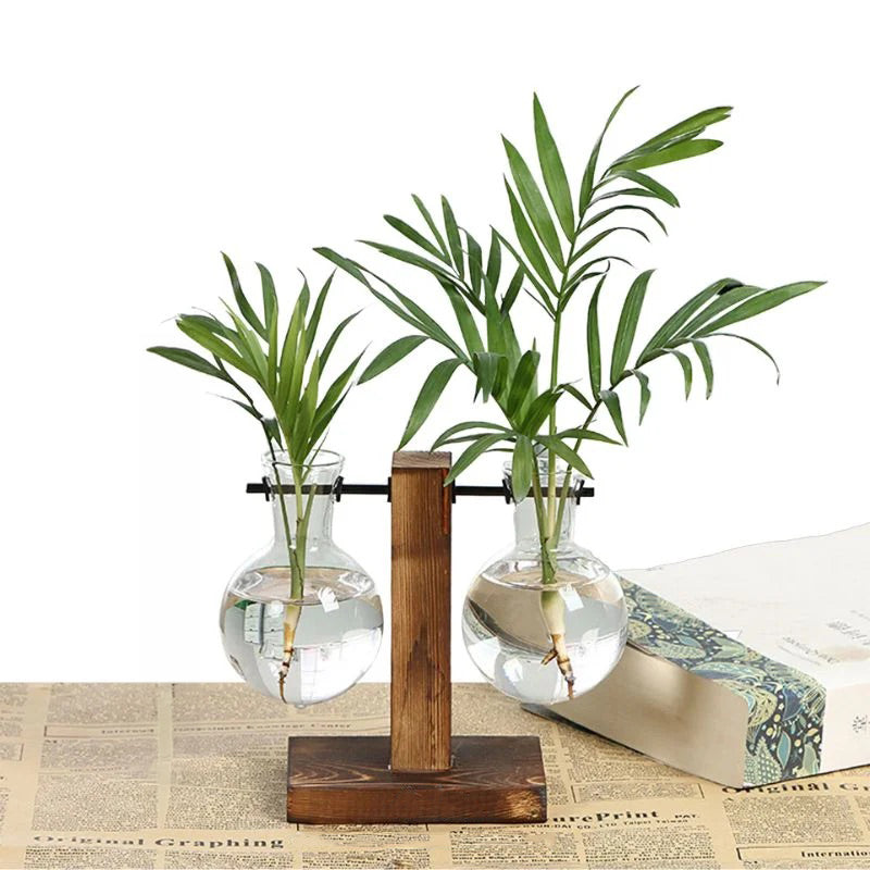 Havenholt Hydroponic Vase with Wooden Frame and Glass Reservoir