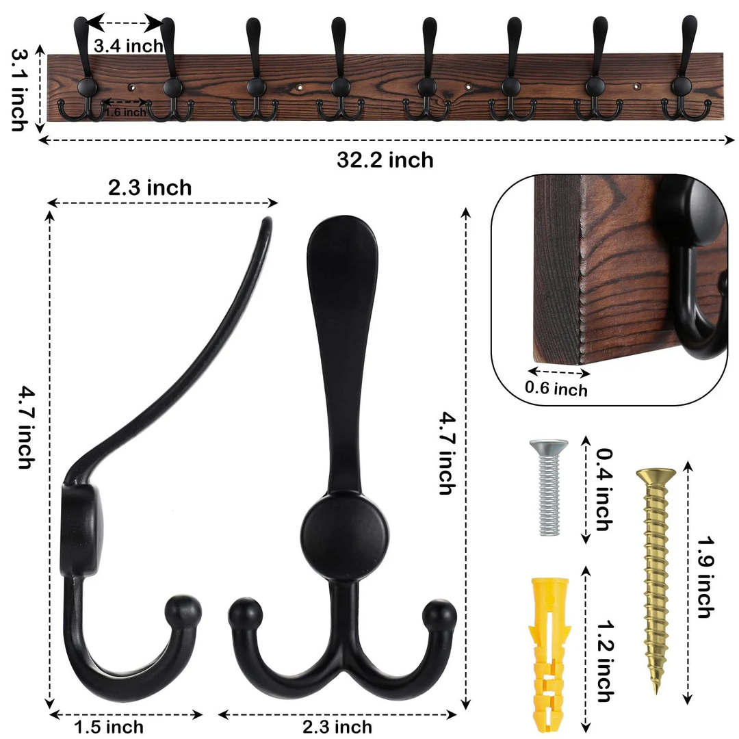 Wooden Wall-Mounted Coat Rack with 8 Hooks