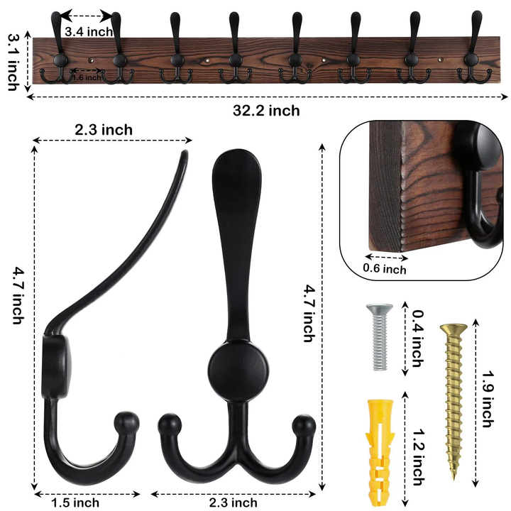 Wooden Wall-Mounted Coat Rack with 8 Hooks