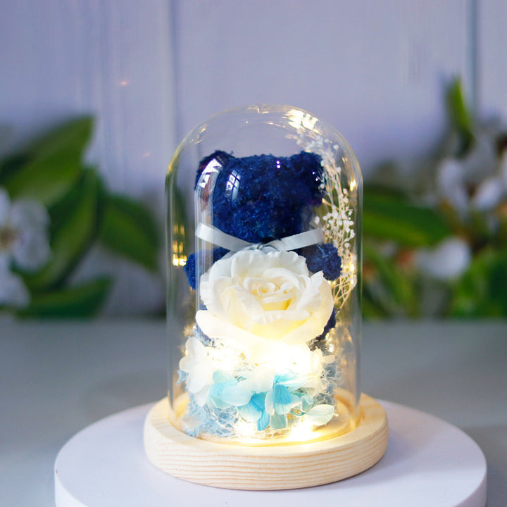 Eternal Preserved Rose Lamp With Teddy Bear And LED Lights