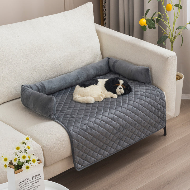 Plush dog sofa bed and furniture protector with curved sides