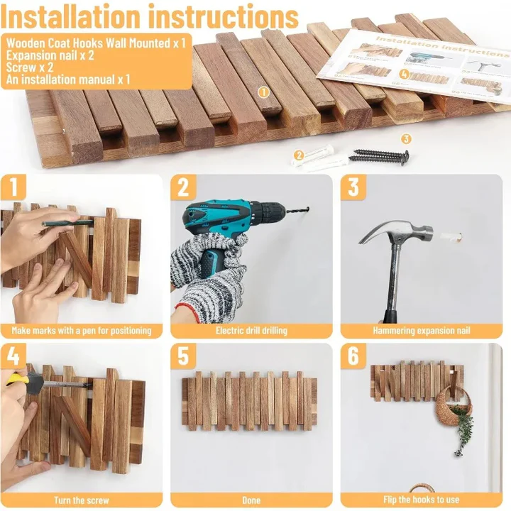 Rustic Wall-Mounted Coat Rack with 8 Flip Hooks