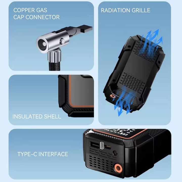 Portable Car Jump Starter 6000A, 16800mAh 12V Battery Booster with Air Compressor 150 PSI Tyre Inflator, LED Light for Petrol 10.0L Diesel 9.0L
