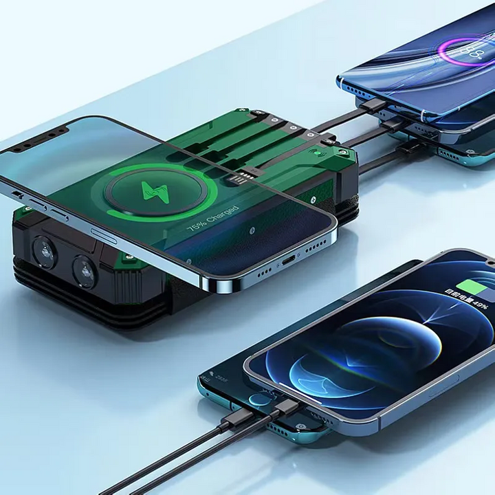 **20000mAh Solar Power Bank – Foldable Solar Charger with Wireless Charging &amp; Built-In Cables**