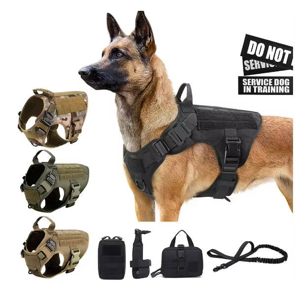 Tactical Military Dog Harness Set with Collar and Lead, Adjustable Training and Hunting Gilet for Medium and Large Breeds