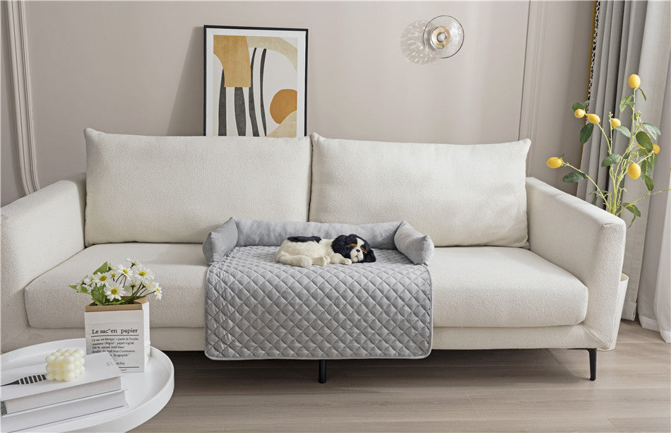 Plush dog sofa bed and furniture protector with curved sides